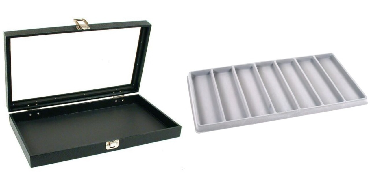 Black Glass Top Jewelry Case w/ 1 Gray 7-Slot Plastic Tray (Single metal latch)